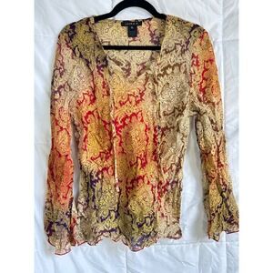 LAURA G Paisley Print Sheer Long‎ Sleeve V Neck Tie Neck Blouse Top XL